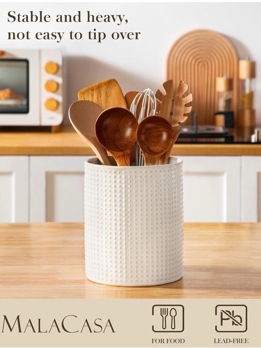 White Ceramic Utensil Holder - Textured Kitchen Crock